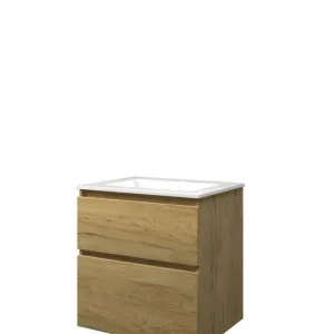 Proline Elegant badmeubel met polystone wastafel met 1 kraangat en onderkast a-symmetrisch - Ideal oak/Glans wit - 60x46cm (bxd) Nieuwe Collectie