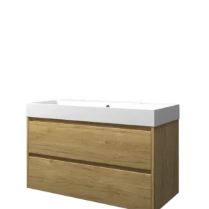Beperkte Voorraad Proline Loft badmeubel met polystone wastafel met 2 kraangaten en onderkast symmetrisch - Ideal oak/Mat wit - 100x46cm (bxd)