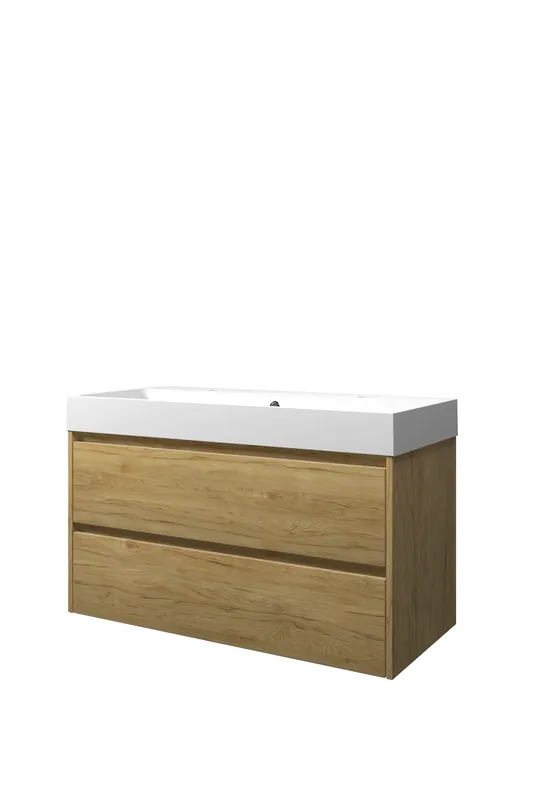 Beperkte Voorraad Proline Loft badmeubel met polystone wastafel met 2 kraangaten en onderkast symmetrisch - Ideal oak/Mat wit - 100x46cm (bxd)