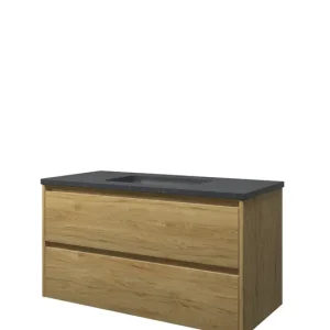 Professioneel Proline Elegant badmeubel met hardsteen wastafel met 1 kraangat en onderkast symmetrisch - Ideal oak - 100x46cm (bxd)