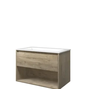 Proline Elegant badmeubel met open vak met polystone wastafel zonder kraangat - Raw oak/Glans wit - 80x46cm (bxd) Must-Have