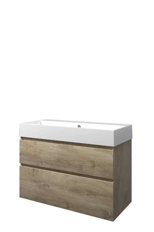 Proline Loft badmeubel met keramische wastafel met 2 kraangaten en onderkast a-symmetrisch - Raw oak - 100x46cm (bxd) Favoriet