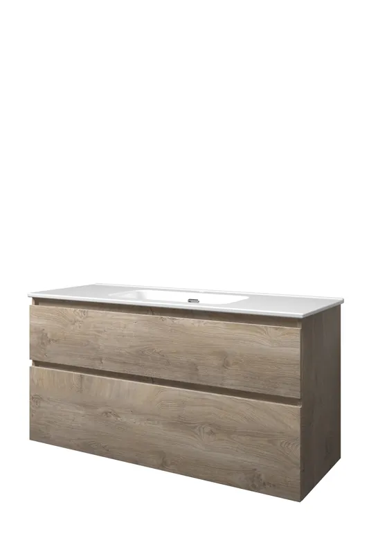 Rechtstreeks Van De Fabrikant Proline Elegant badmeubel met keramische wastafel enkel met 1 kraangat en onderkast a-symmetrisch - Raw oak - 120x46cm (bxd)