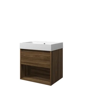 Proline Loft badmeubel met open vak met polystone wastafel met 1 kraangat - Cabana oak/Mat wit - 60x46cm (bxd) Bestseller