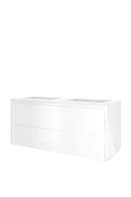 Proline Elegant badmeubel met polystone wastafel zonder kraangaten en onderkast symmetrisch - Glans wit/Mat wit - 120x46cm (bxd) Beperkt Aanbod