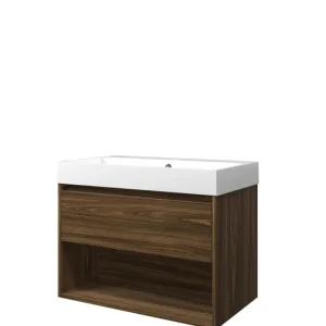 Wereldwijde Verzending Proline Loft badmeubel met open vak met polystone wastafel met 1 kraangat - Cabana oak/Glans wit - 80x46cm (bxd)