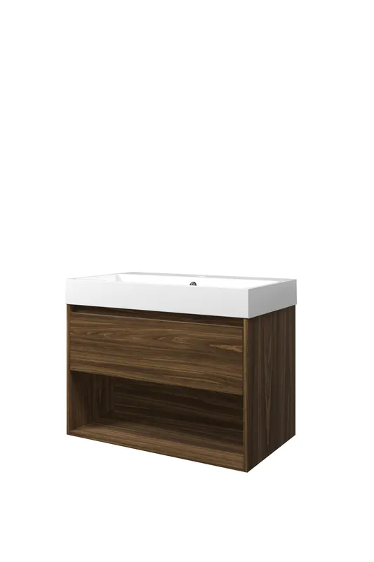 Wereldwijde Verzending Proline Loft badmeubel met open vak met polystone wastafel met 1 kraangat - Cabana oak/Glans wit - 80x46cm (bxd)