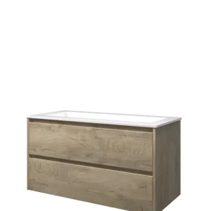 Proline Elegant badmeubel met polystone wastafel zonder kraangat en onderkast symmetrisch - Raw oak/Glans wit - 100x46cm (bxd) Flitsaanbieding