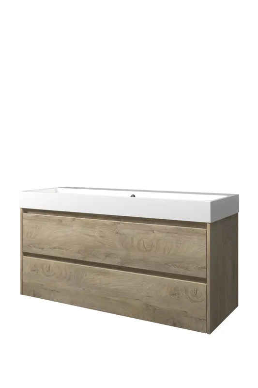 Fabrieksprijs Proline Loft badmeubel met polystone wastafel zonder kraangat en onderkast symmetrisch - Raw oak/Glans wit - 120x46cm (bxd)