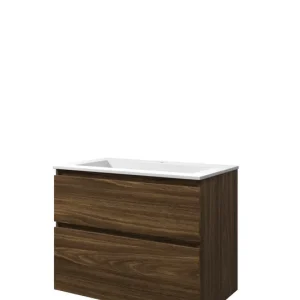 Premium Proline Elegant badmeubel met polystone wastafel met 1 kraangat en onderkast a-symmetrisch - Cabana oak/Mat wit - 80x46cm (bxd)