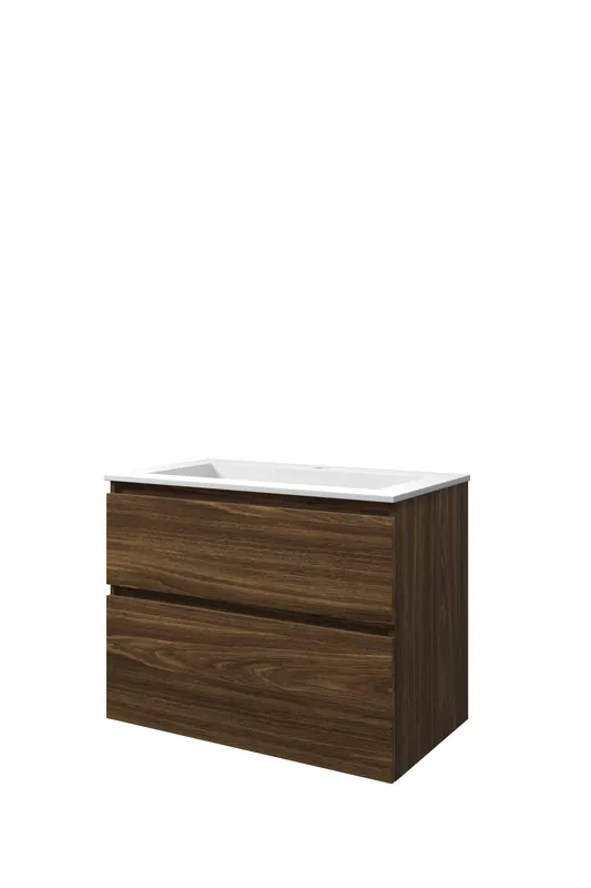 Premium Proline Elegant badmeubel met polystone wastafel met 1 kraangat en onderkast a-symmetrisch - Cabana oak/Mat wit - 80x46cm (bxd)