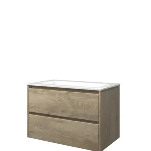 Must-Have Proline Elegant badmeubel met polystone wastafel zonder kraangat en onderkast symmetrisch - Raw oak/Glans wit - 80x46cm (bxd)