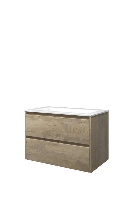 Must-Have Proline Elegant badmeubel met polystone wastafel zonder kraangat en onderkast symmetrisch - Raw oak/Glans wit - 80x46cm (bxd)