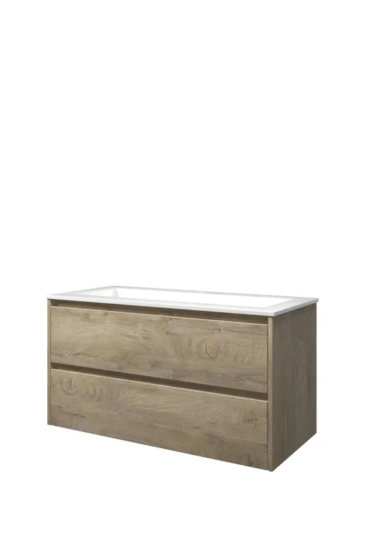 Populair Proline Elegant badmeubel met polystone wastafel met 1 kraangat en onderkast symmetrisch - Raw oak/Glans wit - 100x46cm (bxd)