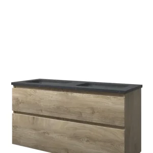 Beperkte Voorraad Proline Elegant badmeubel met hardsteen wastafel met 2 kraangaten en onderkast a-symmetrisch - Raw oak - 120x46cm (bxd)