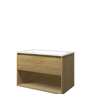 Proline Elegant badmeubel met open vak met polystone wastafel zonder kraangat - Ideal oak/Glans wit - 80x46cm (bxd) Ambachtelijk