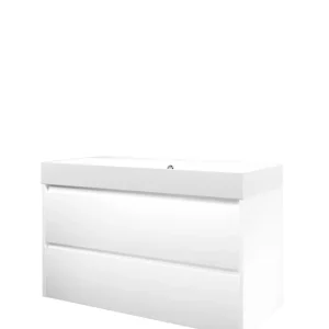 Proline Loft badmeubel met polystone wastafel zonder kraangat en onderkast symmetrisch - Mat wit/Glans wit - 100x46cm (bxd) Nu Kopen