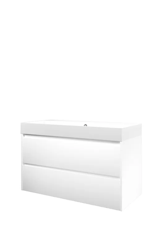 Proline Loft badmeubel met polystone wastafel zonder kraangat en onderkast symmetrisch - Mat wit/Glans wit - 100x46cm (bxd) Nu Kopen