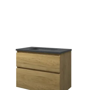 Snelle Levering Proline Elegant badmeubel met hardsteen wastafel zonder kraangat en onderkast a-symmetrisch - Ideal oak - 80x46cm (bxd)