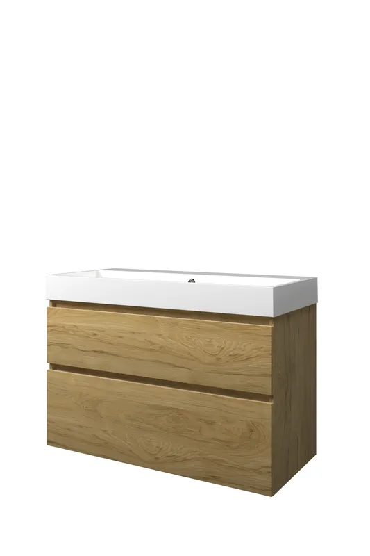 Proline Loft badmeubel met polystone wastafel zonder kraangat en onderkast a-symmetrisch - Ideal oak/Glans wit - 100x46cm (bxd) Laatste Kans