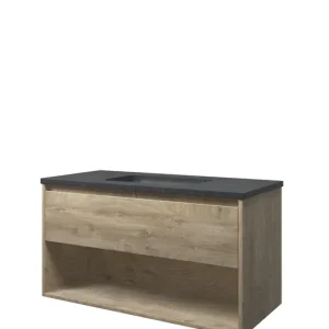 Nieuwe Collectie Proline Elegant badmeubel met open vak met hardsteen wastafel zonder kraangat - Raw oak - 100x46cm (bxd)