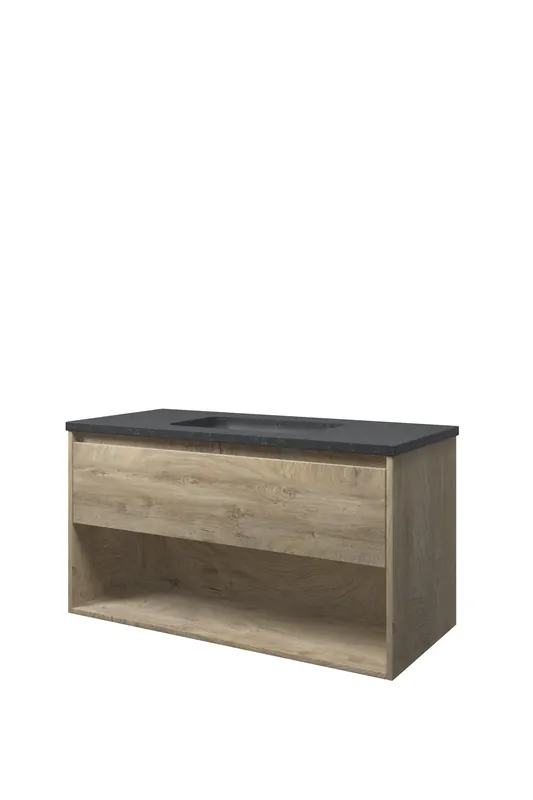 Nieuwe Collectie Proline Elegant badmeubel met open vak met hardsteen wastafel zonder kraangat - Raw oak - 100x46cm (bxd)