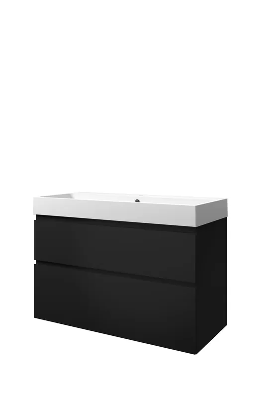 Bestseller Proline Loft badmeubel met polystone wastafel met 1 kraangat en onderkast a-symmetrisch - Mat zwart/Mat wit - 100x46cm (bxd)