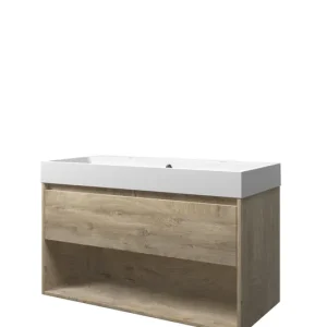 Beperkte Voorraad Proline Loft badmeubel met open vak met polystone wastafel met 2 kraangaten - Raw oak/Mat wit - 100x46cm (bxd)
