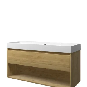 Beperkte Voorraad Proline Loft badmeubel met open vak met polystone wastafel met 2 kraangaten - Ideal oak/Mat wit - 120x46cm (bxd)