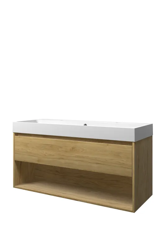 Beperkte Voorraad Proline Loft badmeubel met open vak met polystone wastafel met 2 kraangaten - Ideal oak/Mat wit - 120x46cm (bxd)