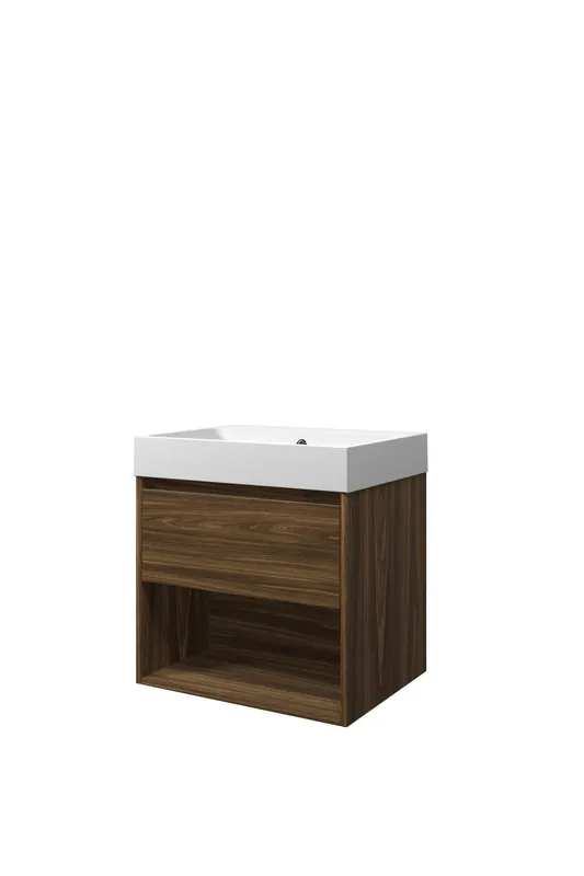 Proline Loft badmeubel met open vak met polystone wastafel zonder kraangat - Cabana oak/Mat wit - 60x46cm (bxd) Limited Edition