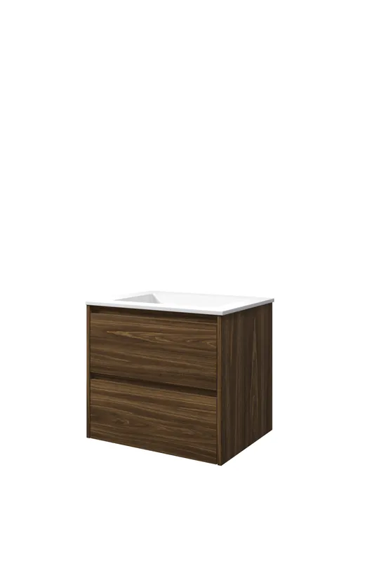 Proline Elegant badmeubel met polystone wastafel zonder kraangat en onderkast symmetrisch - Cabana oak/Mat wit - 60x46cm (bxd) Koop Online