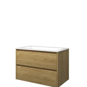 Proline Elegant badmeubel met polystone wastafel met 1 kraangat en onderkast symmetrisch - Ideal oak/Glans wit - 80x46cm (bxd) Nieuw