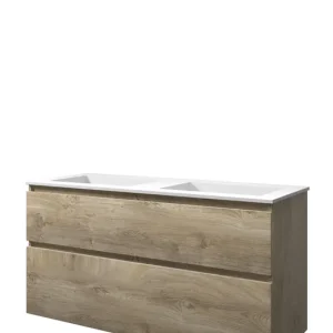 Op = Op Proline Elegant badmeubel met polystone wastafel zonder kraangaten en onderkast a-symmetrisch - Raw oak/Mat wit - 120x46cm (bxd)