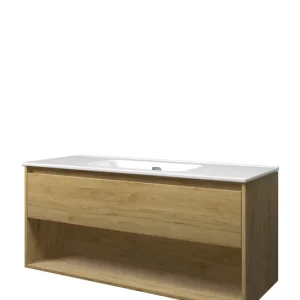 Luxe Proline Elegant badmeubel met open vak met keramische wastafel enkel zonder kraangat - Ideal oak - 120x46cm (bxd)