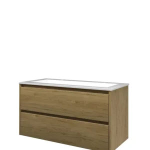 Gereduceerde Prijs Proline Elegant badmeubel met polystone wastafel met 2 kraangaten en onderkast symmetrisch - Ideal oak/Glans wit - 100x46cm (bxd)