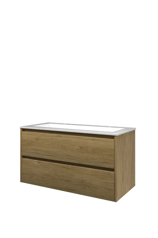 Gereduceerde Prijs Proline Elegant badmeubel met polystone wastafel met 2 kraangaten en onderkast symmetrisch - Ideal oak/Glans wit - 100x46cm (bxd)