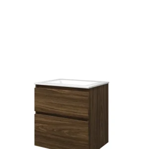 Proline Elegant badmeubel met polystone wastafel zonder kraangat en onderkast a-symmetrisch - Cabana oak/Glans wit - 60x46cm (bxd) Koop Online