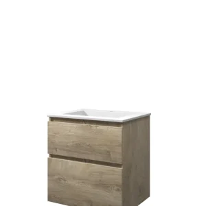 Aanbieding Proline Elegant badmeubel met polystone wastafel met 1 kraangat en onderkast a-symmetrisch - Raw oak/Mat wit - 60x46cm (bxd)