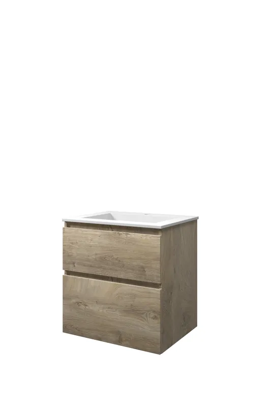 Aanbieding Proline Elegant badmeubel met polystone wastafel met 1 kraangat en onderkast a-symmetrisch - Raw oak/Mat wit - 60x46cm (bxd)