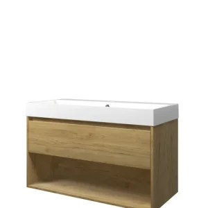 Laatste Kans Proline Loft badmeubel met open vak met polystone wastafel met 1 kraangat - Ideal oak/Glans wit - 100x46cm (bxd)