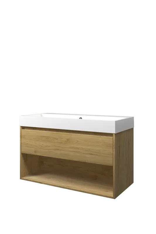 Laatste Kans Proline Loft badmeubel met open vak met polystone wastafel met 1 kraangat - Ideal oak/Glans wit - 100x46cm (bxd)