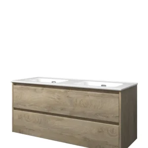 Proline Elegant badmeubel met keramische wastafel dubbel zonder kraangaten en onderkast symmetrisch - Raw oak - 120x46cm (bxd) Hoge Kwaliteit