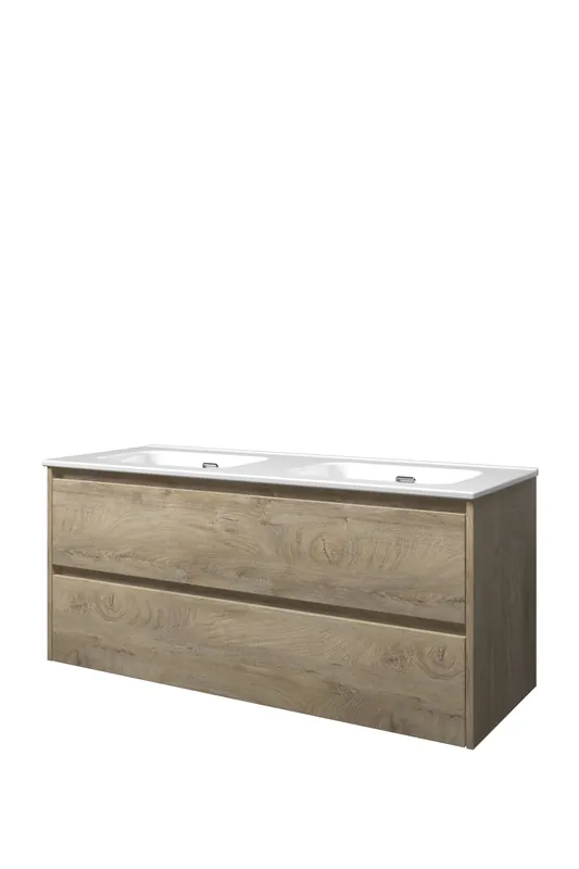 Proline Elegant badmeubel met keramische wastafel dubbel zonder kraangaten en onderkast symmetrisch - Raw oak - 120x46cm (bxd) Hoge Kwaliteit