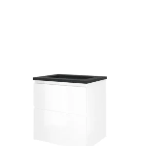 Proline Elegant badmeubel met hardsteen wastafel zonder kraangat en onderkast a-symmetrisch - Glans wit - 60x46cm (bxd) Finale Uitverkoop
