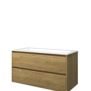 Plaats Bestelling Proline Elegant badmeubel met polystone wastafel met 1 kraangat en onderkast symmetrisch - Ideal oak/Glans wit - 100x46cm (bxd)
