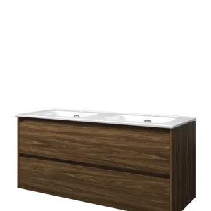 Proline Elegant badmeubel met keramische wastafel dubbel met 2 kraangaten en onderkast symmetrisch - Cabana oak - 120x46cm (bxd) Snelle Levering