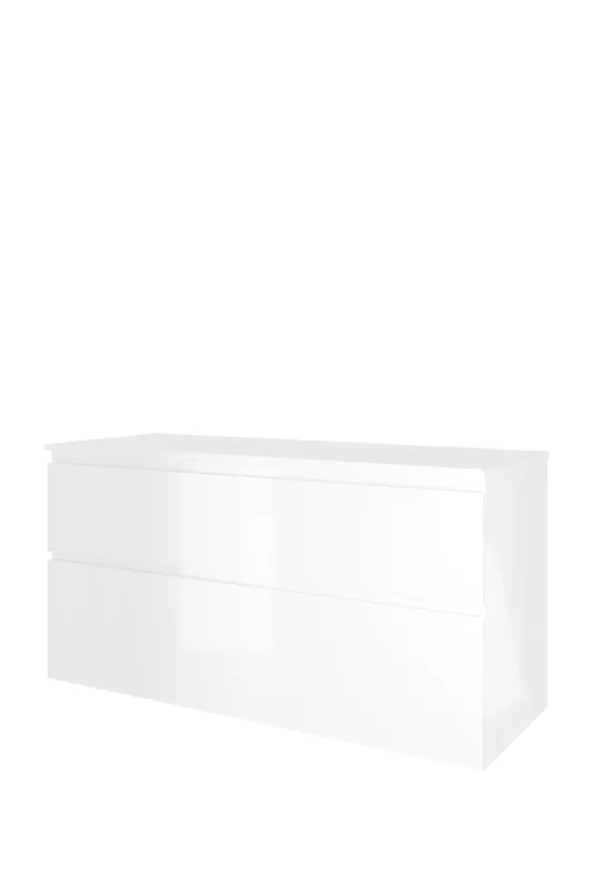 Proline Elegant badmeubel met polystone wastafel met 2 kraangaten en onderkast a-symmetrisch - Glans wit/Glans wit - 120x46cm (bxd) Flitsaanbieding