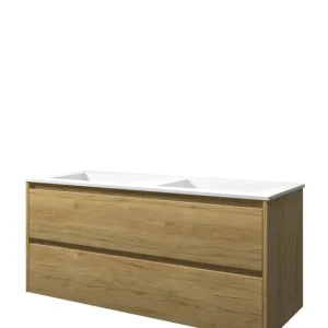 Proline Elegant badmeubel met polystone wastafel zonder kraangaten en onderkast symmetrisch - Ideal oak/Mat wit - 120x46cm (bxd) Authentiek
