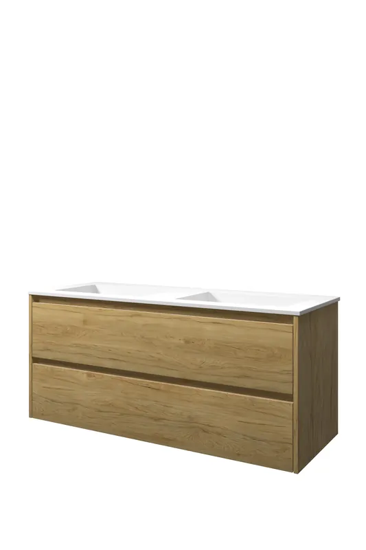 Proline Elegant badmeubel met polystone wastafel zonder kraangaten en onderkast symmetrisch - Ideal oak/Mat wit - 120x46cm (bxd) Authentiek